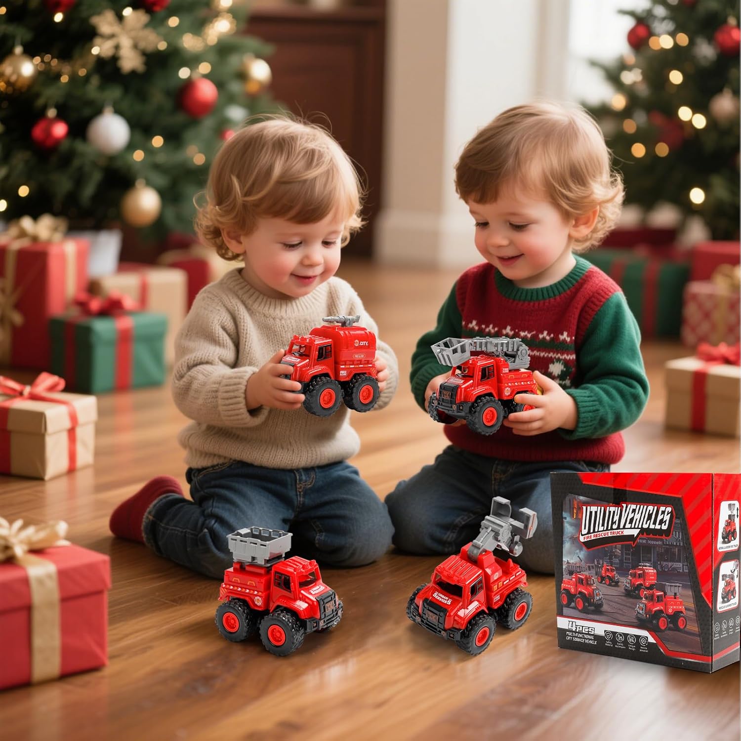 Thumbnail 6 de 4er-Set Feuerwehrautos Spielzeug (Push & Go) ohne Batterie – inkl. Leiterwagen, Tankwagen, Rettungs- & Bohrfahrzeug