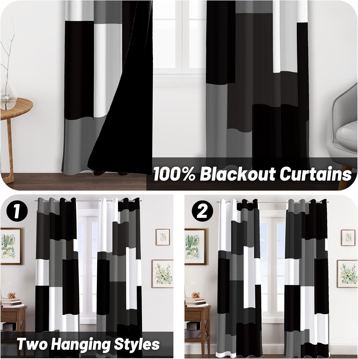Thumbnail 1 de Tyrot Black Grey 100% Blackout Curtains 84in