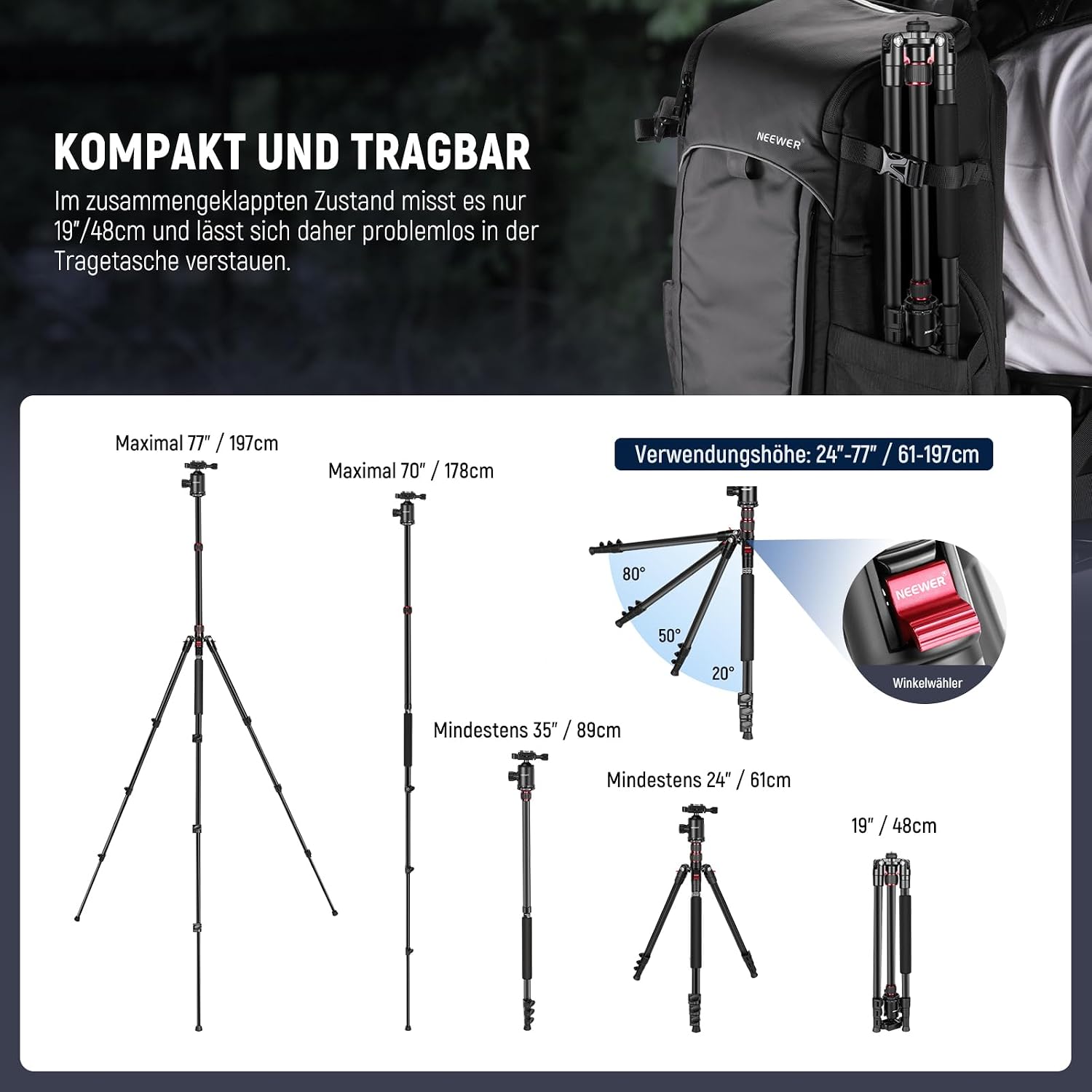 Thumbnail 6 de NEEWER TP77 77" Kamerastativ 197 cm