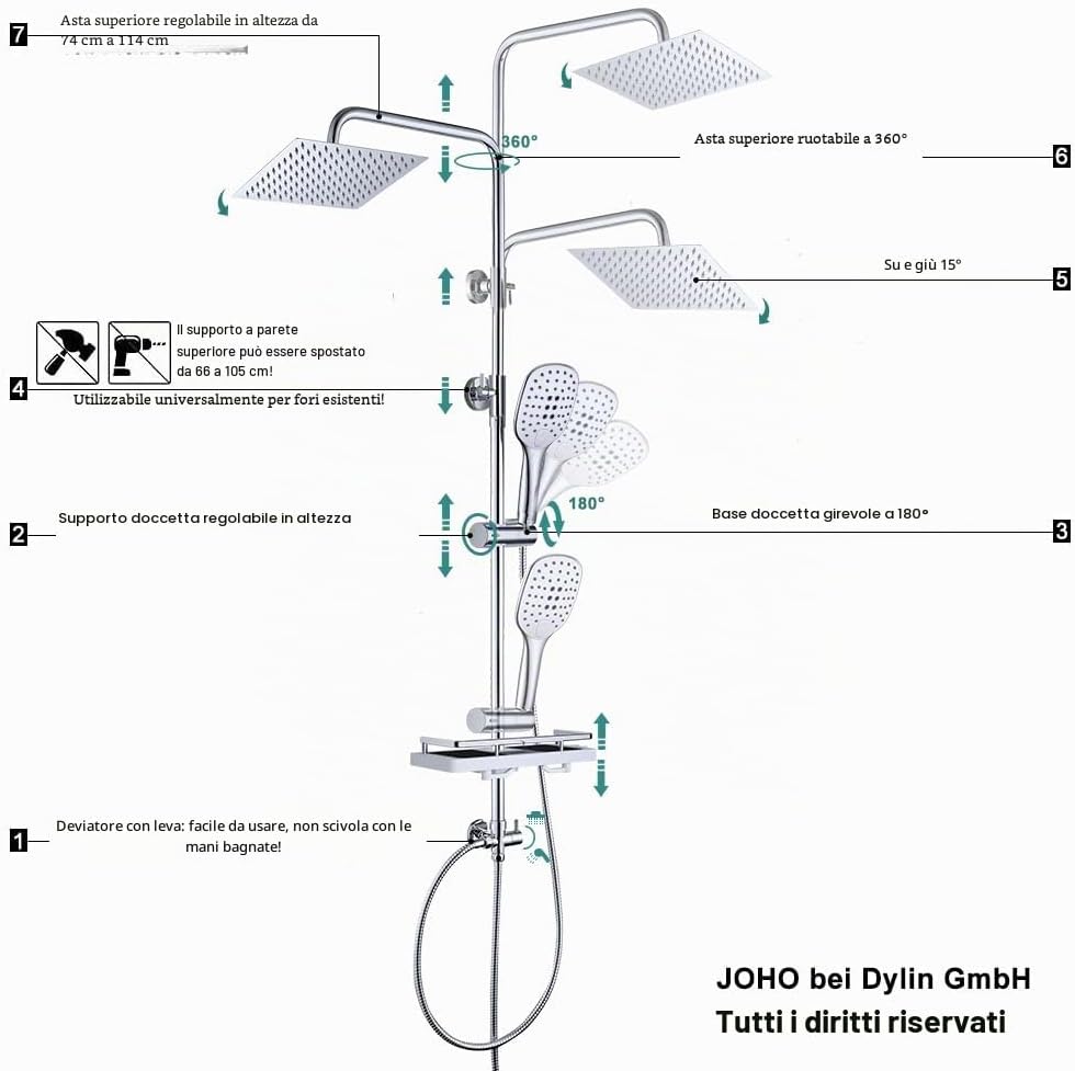 Detalle de JOHO Colonna Doccia idromassaggio senza Miscelatore con Porta Oggetti in Acciaio INOX 304 e Mensola Regolabile