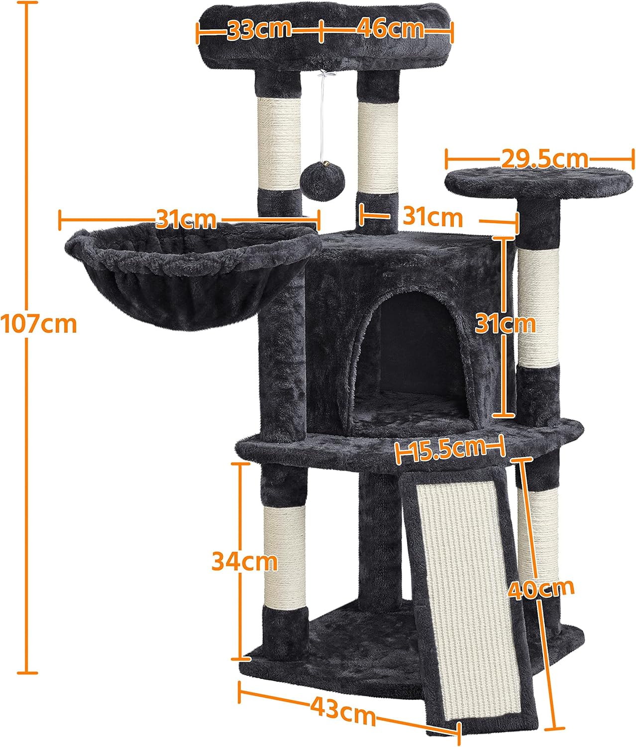 Detalle de Yaheetech Kratzbaum Stabiler Katzenbaum – Höhe 107 cm, mit Höhle, Plüsch und Sisal, für 2–3 Katzen