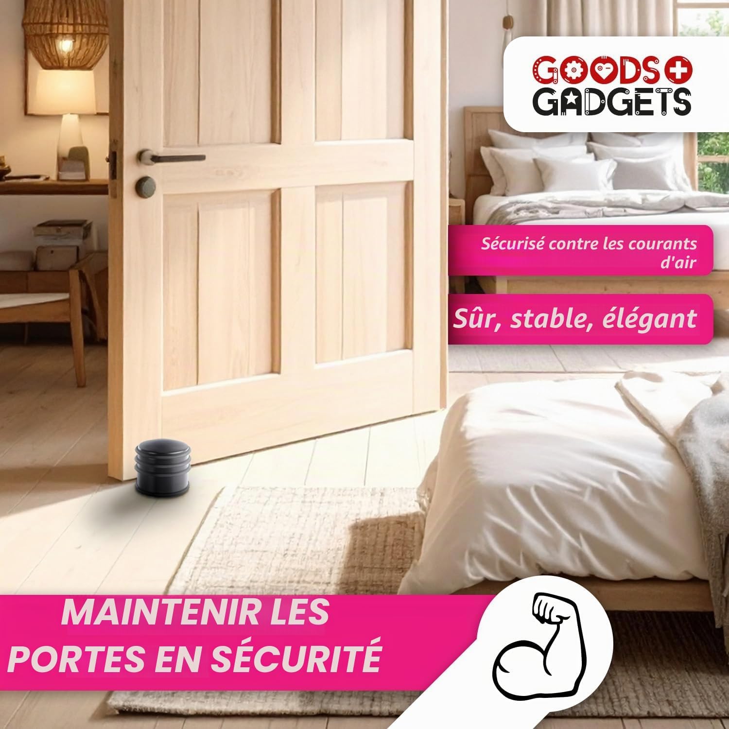Detalle de GOODS+GADGETS® Butée de Porte en Inox – Lot de 4 (1,2 kg) sans Perçage, base caoutchouc antidérapante – Noir mat