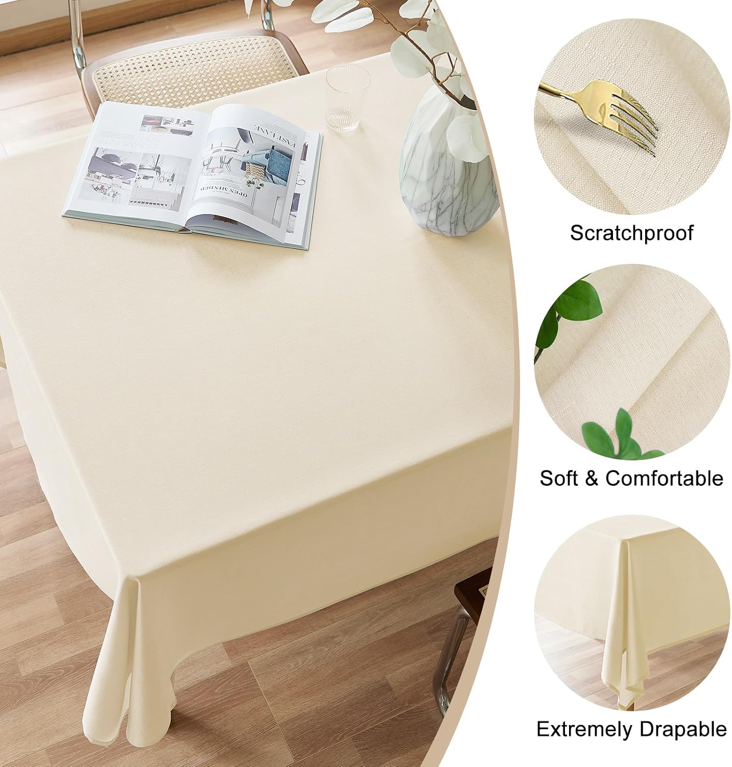 Detalle de AUSSPVOCT Textured Rectangular Tablecloth (Water Resistant, Wipeable, Wrinkle Free) — Cream, Spring/Easter Style