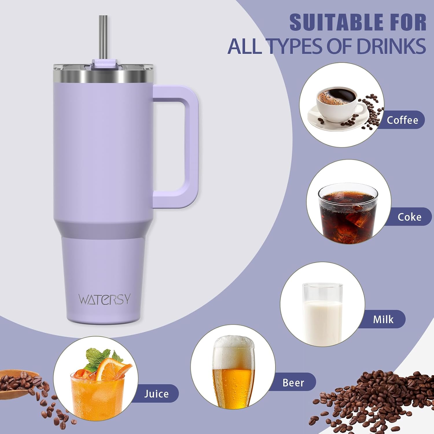 Detalle 2 de WATERSY Travel Mug Coffee Cup 40oz Tumbler with Straw Lid and Handle – 1182ml Stainless Steel, Purple