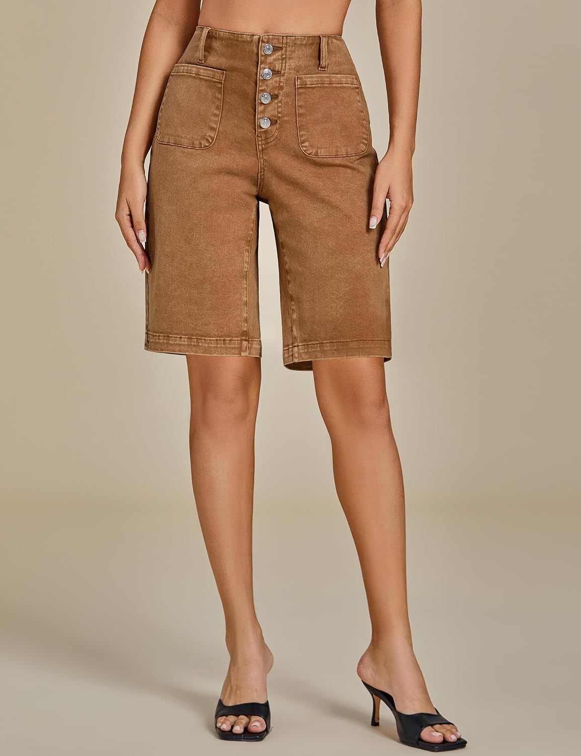 Detalle de luvamia High-Waisted Denim Bermuda Shorts for Women with Button Fly and Patch Pockets