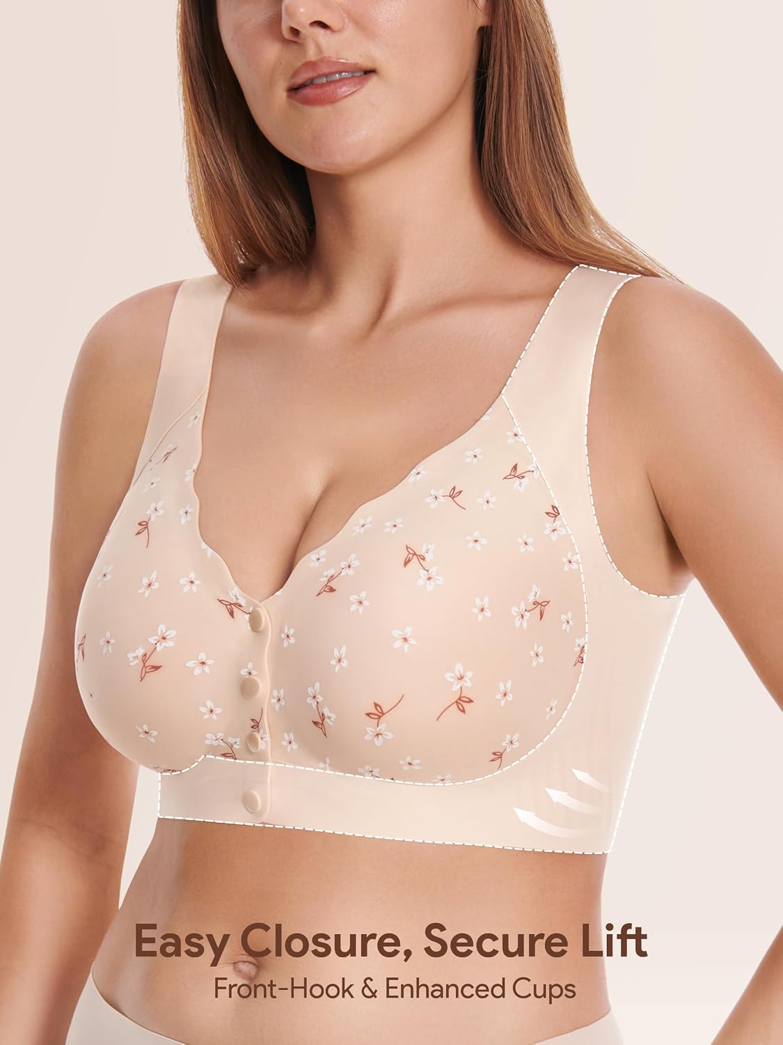Detalle de Angelhood Daisy Front-Closure Wireless Bra, Seamless Full Coverage
