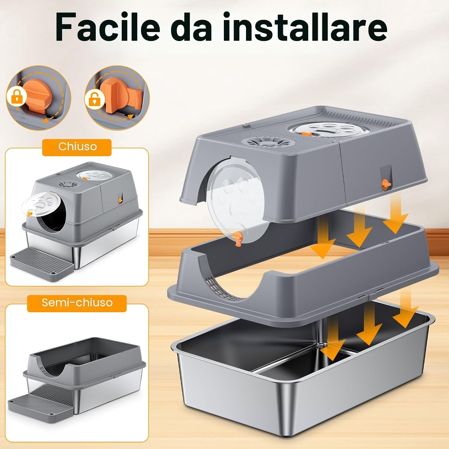 Thumbnail 4 de QEANY lettiera per gatti in acciaio inox XXL con coperchio 60 x 40 x 39 cm, grande e chiusa (con pala e tappetino)