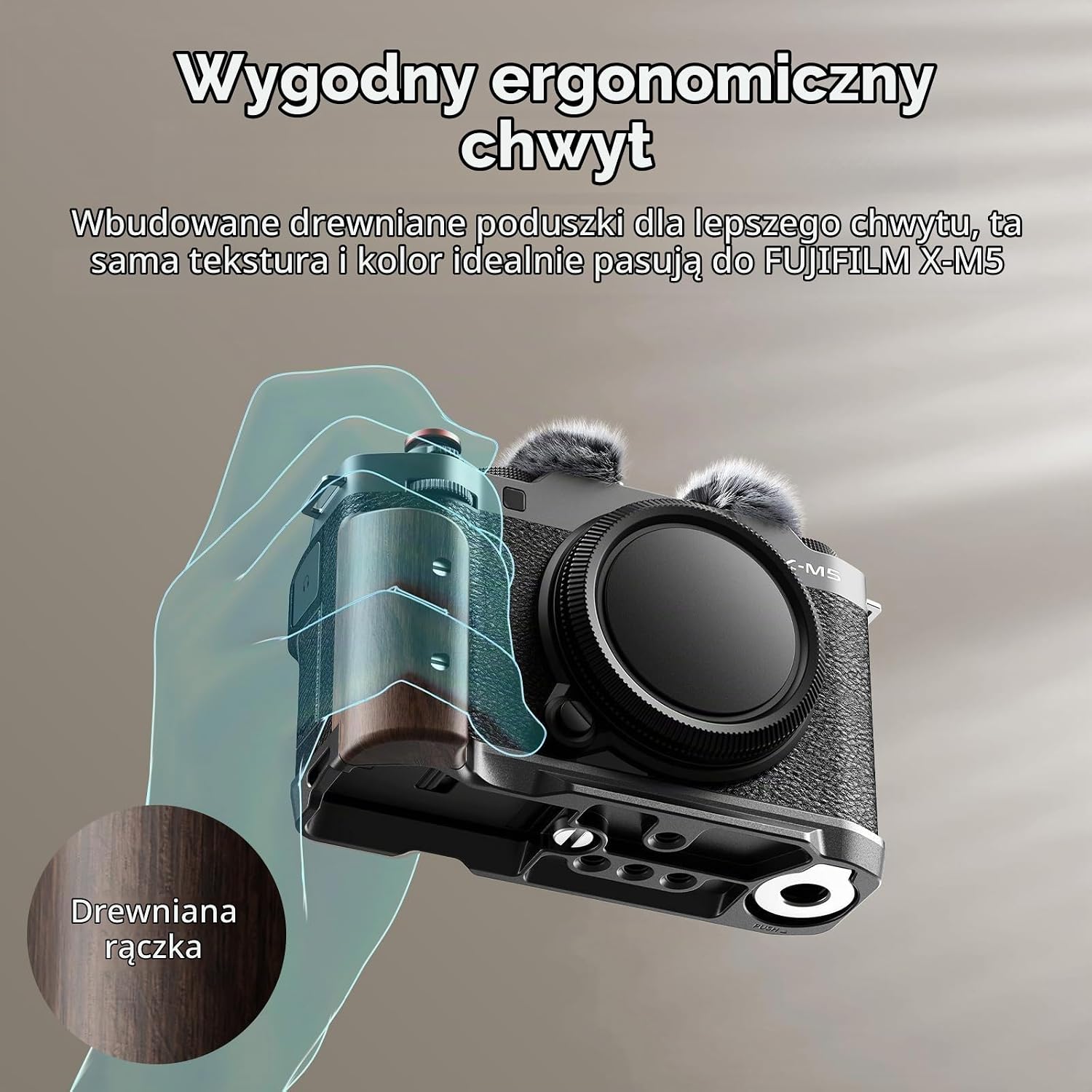 Detalle 1 de SMALLRIG 5260 – drewniany uchwyt L do FUJIFILM X-M5 z mocowaniem Arca-Swiss