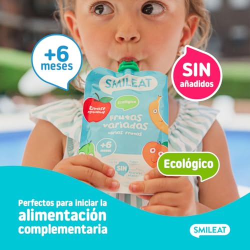 Detalle de Smileat Pack de 10 Pouch de Frutas Ecológicas – Sin sal ni azúcar añadido, sin gluten
