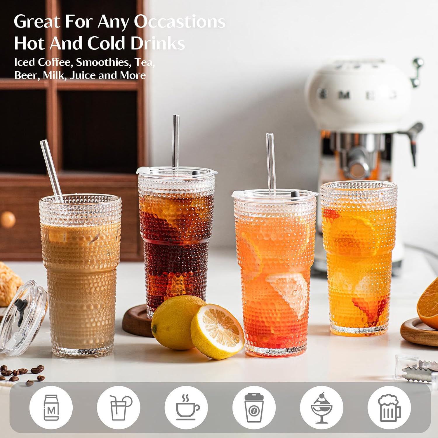 Thumbnail 1 de INSETLAN 20oz Hobnail Glass Cups with Lids and Glass Straws — 4 Pieces
