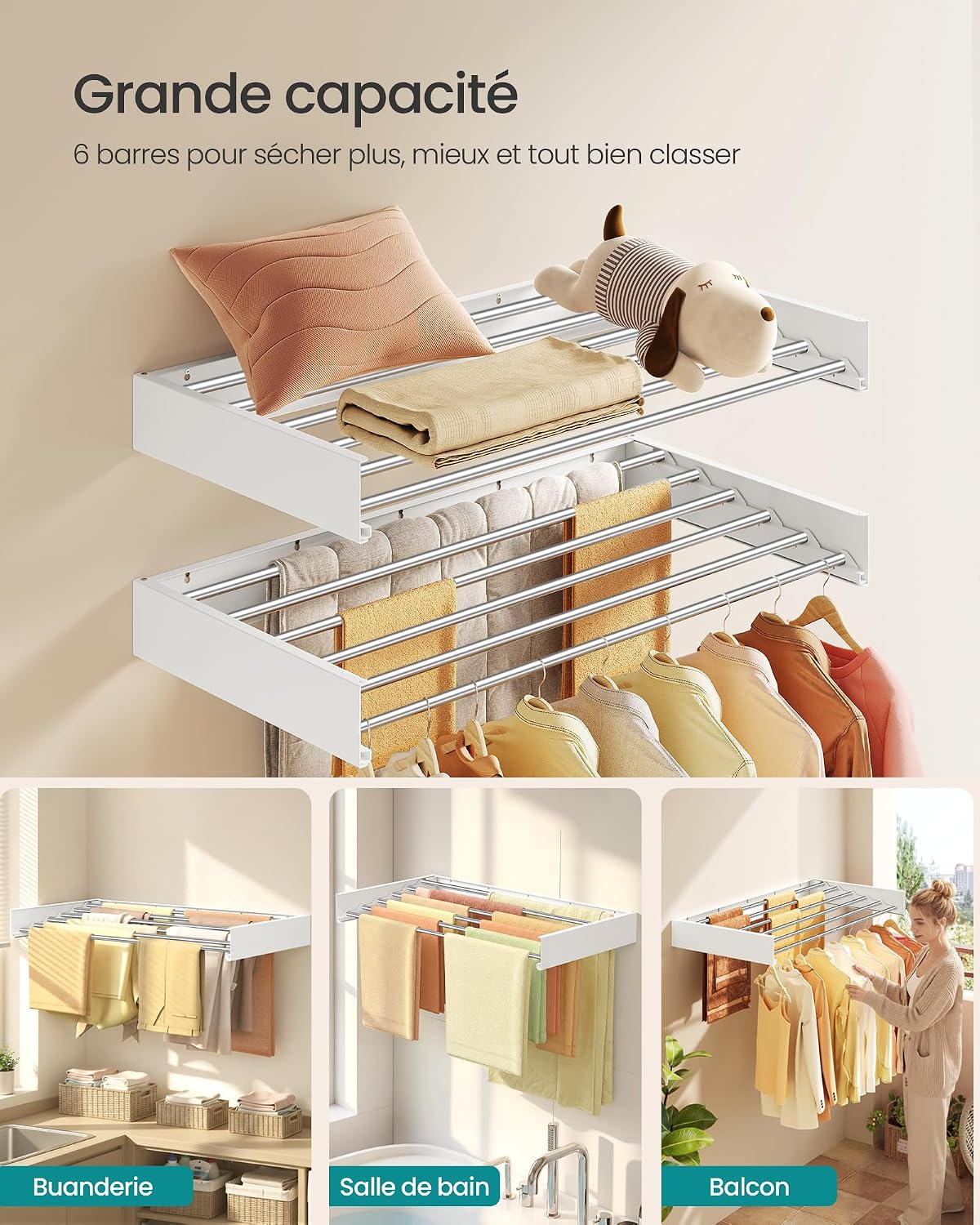 Detalle de SONGMICS Étendoir à Linge Mural Rabattable 5 Barres 80 cm – gain de place, aluminium, intérieur et extérieur