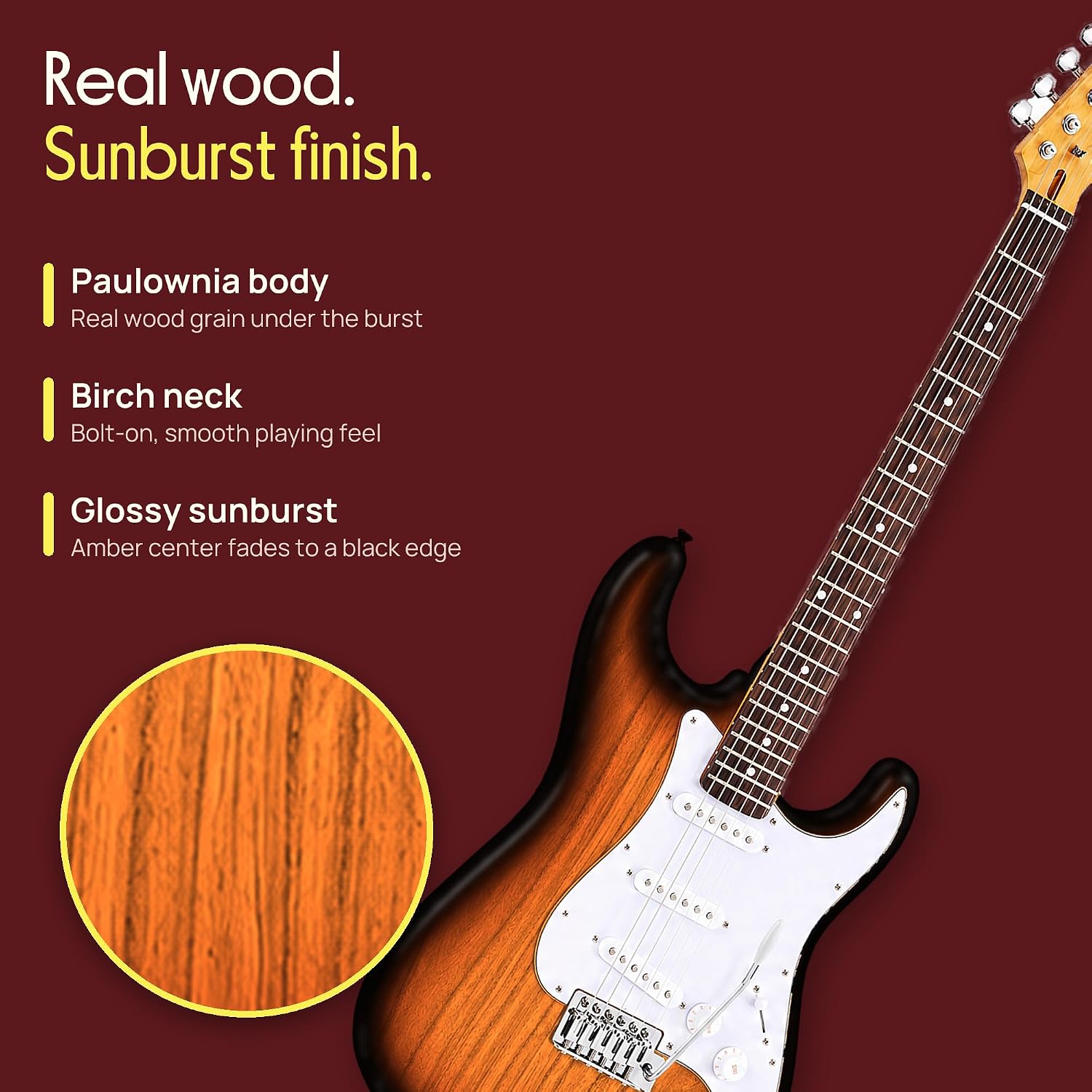 Detalle 1 de Pyle PEGKT400NB Full-Size Electric Guitar Kit, 5W Amp, Natural Burst
