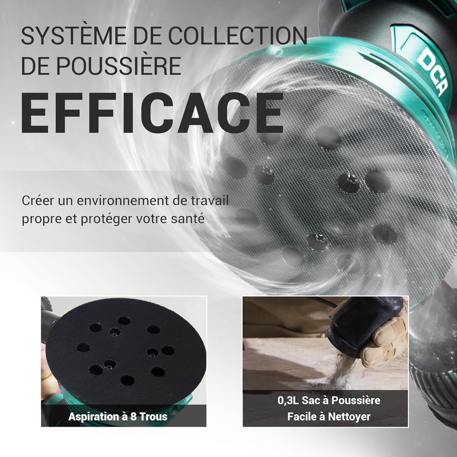 Thumbnail 4 de Ponceuse excentrique DCA 300W, 6 vitesses jusqu’à 12000 tr/min avec collecteur de poussière (disques 125 mm, 10 abrasifs)