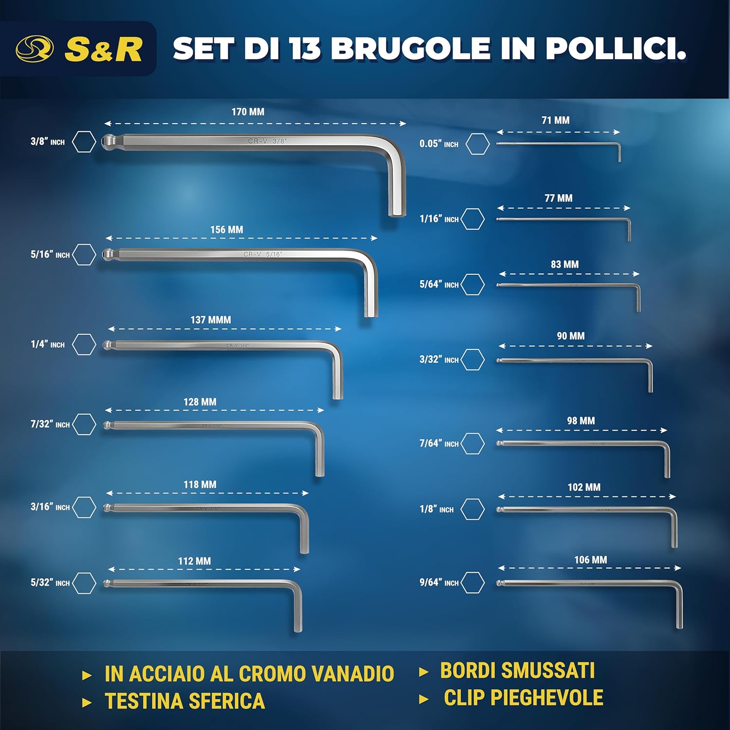 Thumbnail 1 de S&R Set Brugole in pollici lunghe con testa sferica – 13 chiavi esagonali