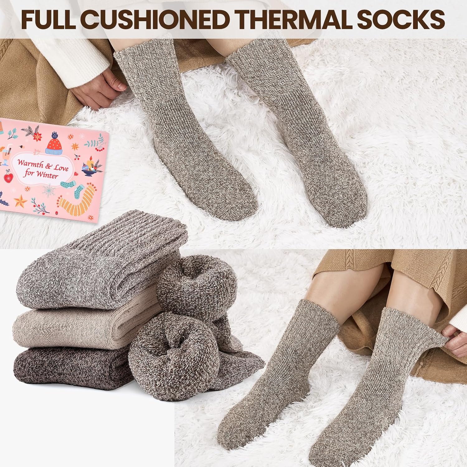 Detalle de Niorasen Thermal Socks for Women – 3 Pairs Ultra-Soft Wool Winter Socks