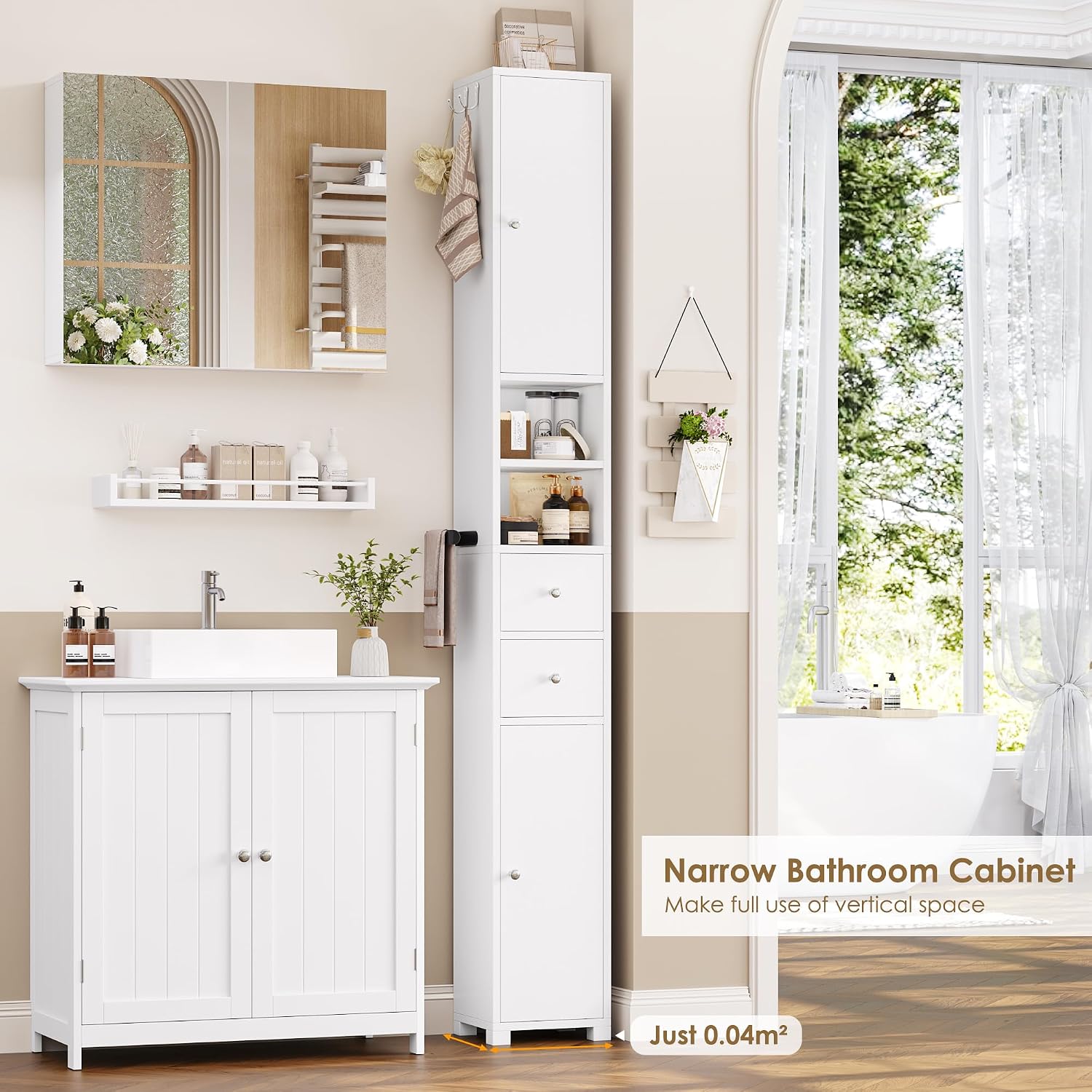 Detalle 2 de FOREHILL M324 Tall Bathroom Cabinet, 20 cm Slim White Storage Unit