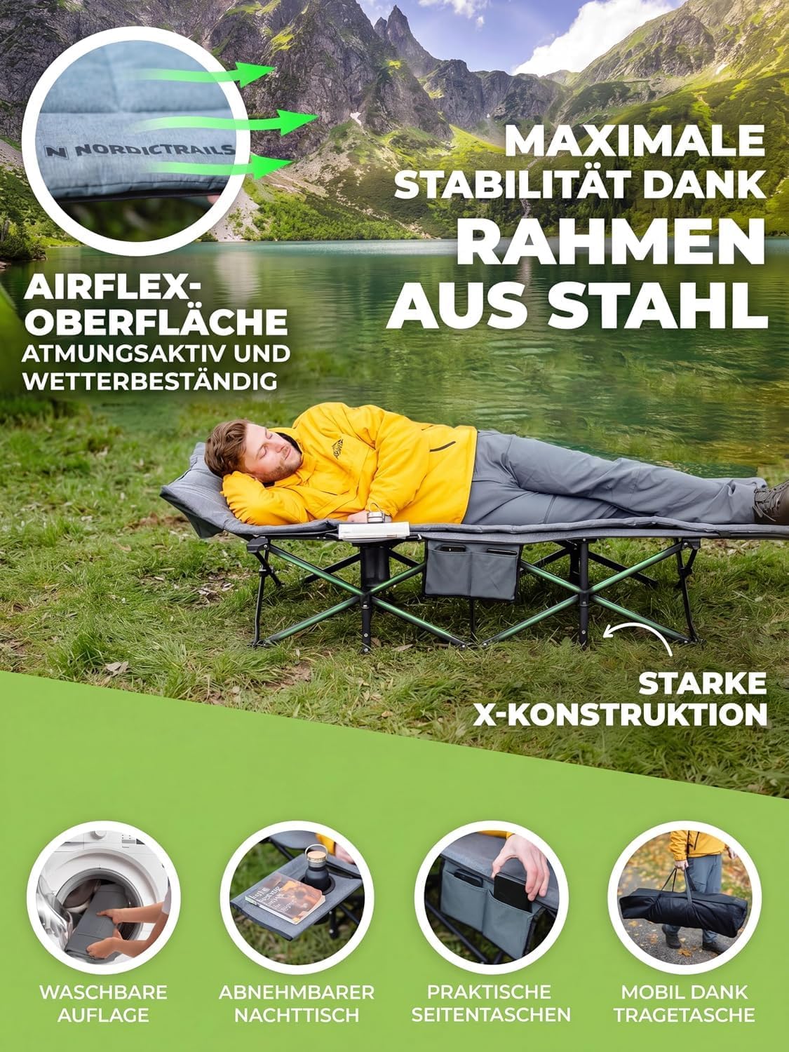 Detalle de NORDICTRAILS Feldbett klappbar in 10 Sek aufgebaut – XXL Camping Liege, 200 cm x 80 cm, 200 kg