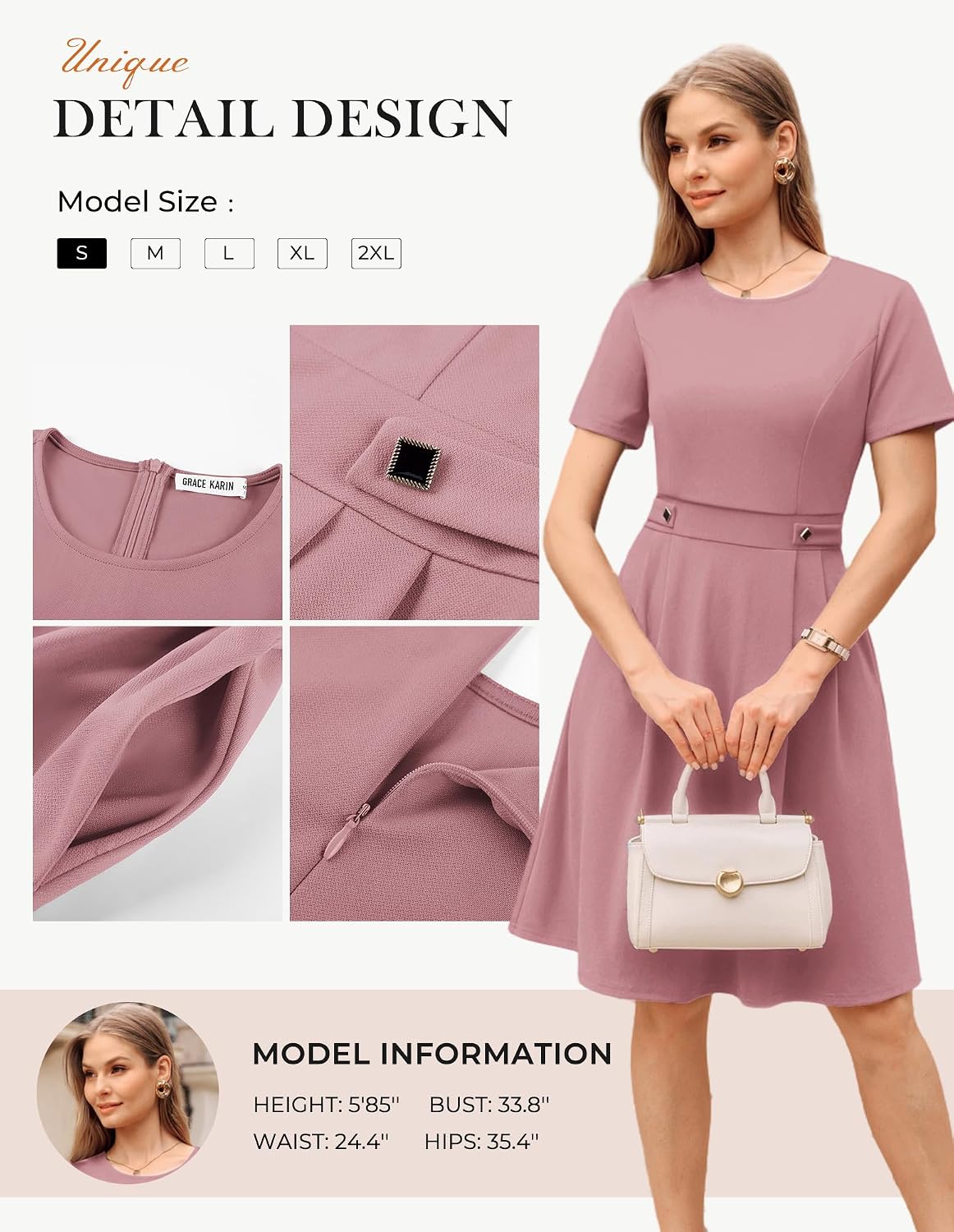 Detalle de GRACE KARIN Damen Kleid Elegante A-Linie Rundhals mit Taschen – Vielseitiges Business- und Festkleid