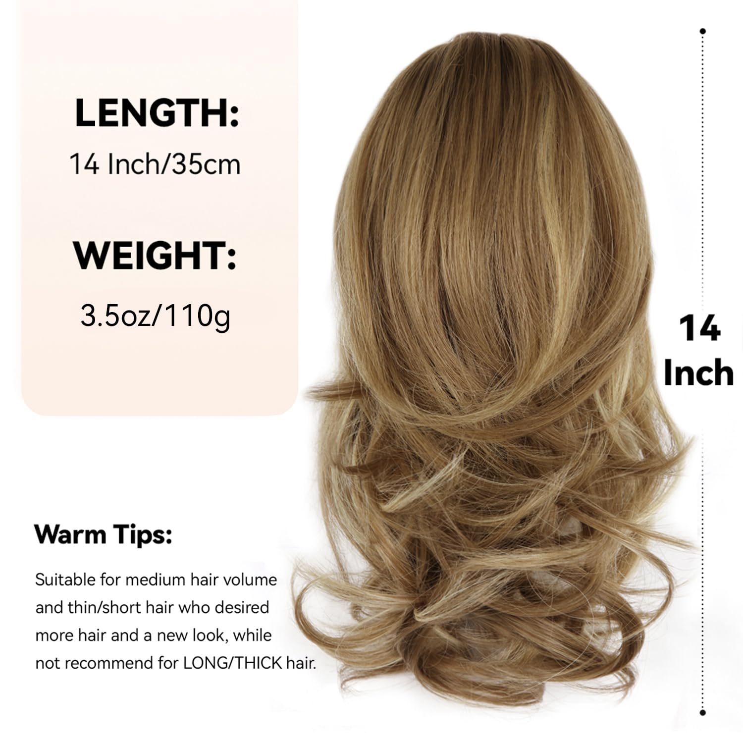 Detalle 2 de ZQIAN BEAUTY 14 Inch Ponytail Extension (Wavy) with Claw Clip in Light Brown with Beige Highlights