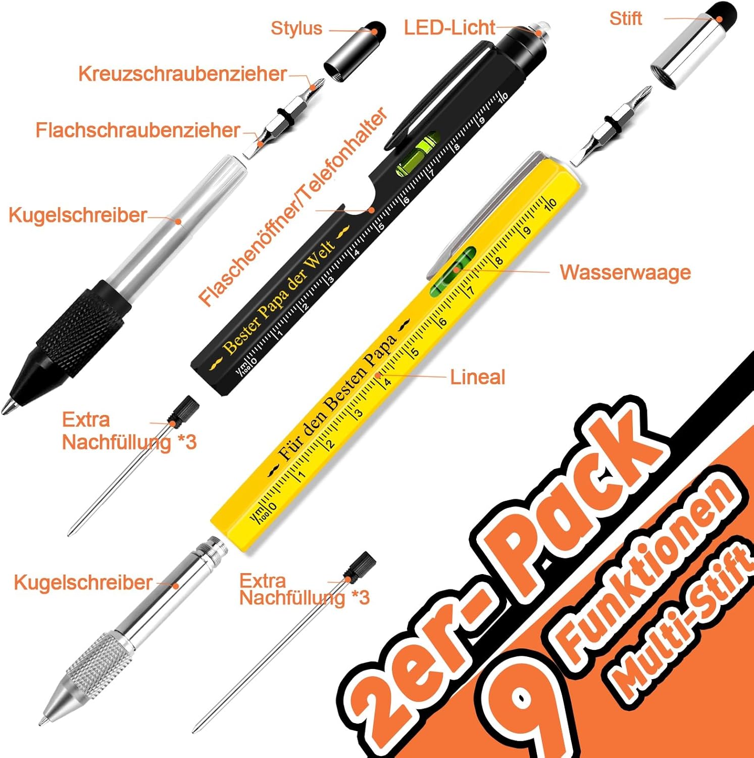 Thumbnail 3 de KEZKALS Vatertagsgeschenk für Papa – 2er-Set 9-in-1 Kugelschreiber mit Gravur „Bester PAPA der Welt“