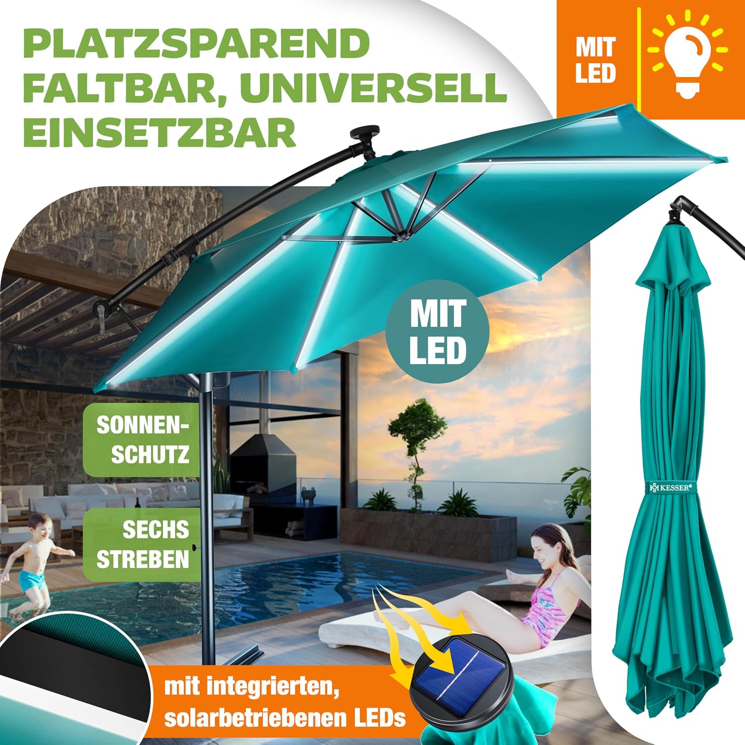Detalle 2 de KESSER Alu Ampelschirm LED Solar inkl. Abdeckung, Fernbedienung & Kurbelschirm – 360°-Funktion, wasserabweisend