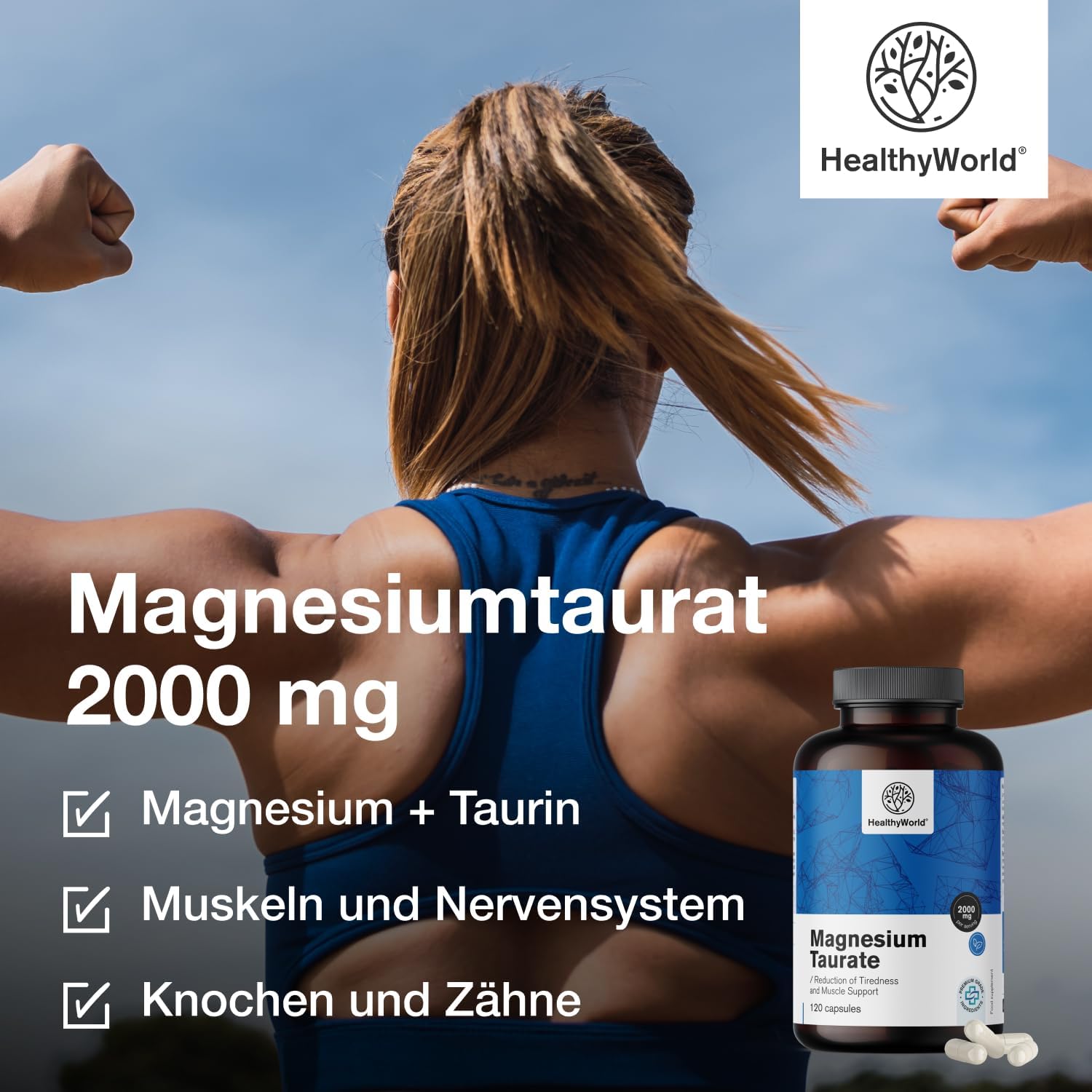 Detalle de HealthyWorld Magnesium Taurat 2000 mg – Pflanzliche Kapseln, 120 Stück