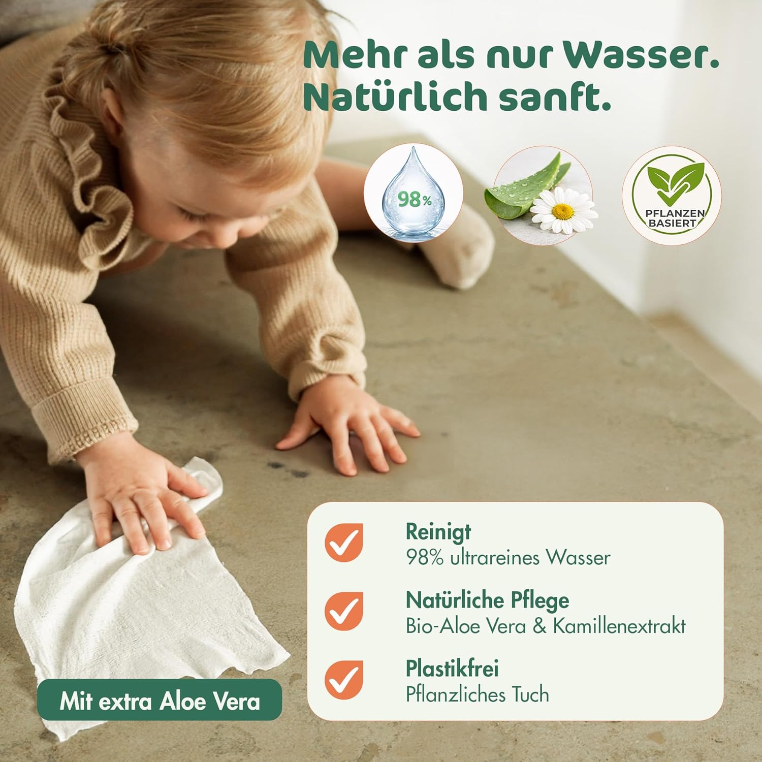 Detalle de Naty Baby Feuchttücher Aloe Vera – 672 Stück, 100% pflanzenbasiert, unparfümiert und plastikfrei