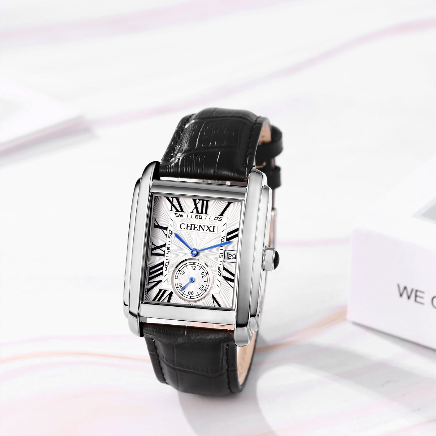Detalle 2 de JewelryWe Herren Uhr Analog Quarz Kalender – Rechteckiges Design, Lederarmband