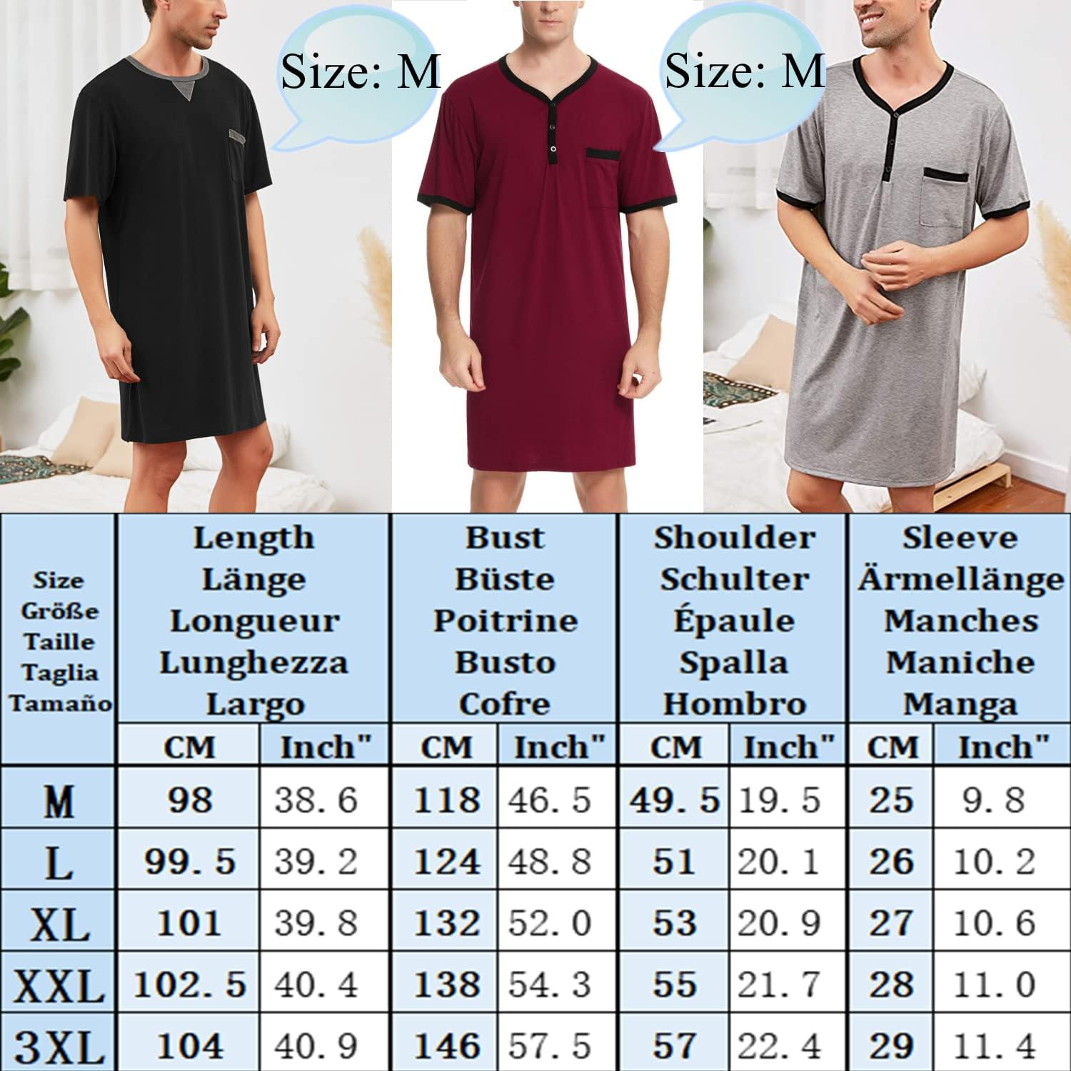 Detalle 2 de Men's Cotton Pyjama Tops: Breathable Knee-Length Nightwear with Button-Down Collar