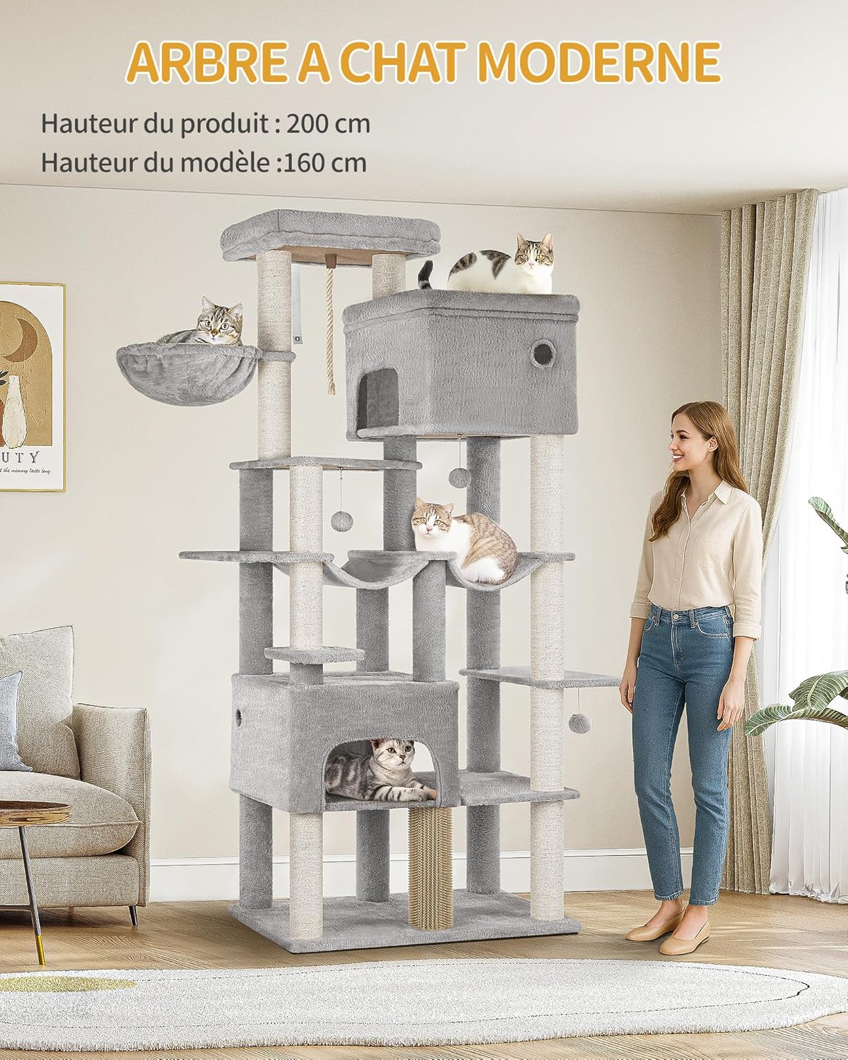 Thumbnail 1 de Hzuaneri Arbre à Chat XXL de 200 cm pour Maine Coon – 10 griffoirs, 2 hamacs et 2 niches (gris clair)