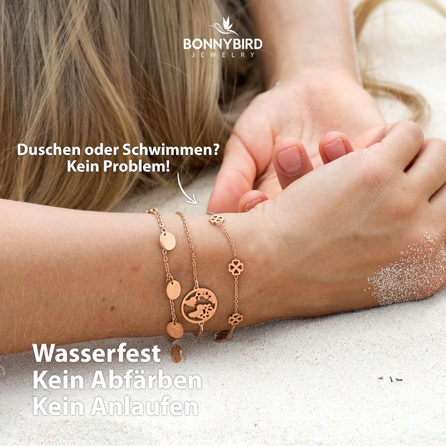 Detalle de BONNYBIRD BonnyBliss Kleeblatt Edelstahl Armband als Glücksbringer zur Prüfung – verstellbar 16–19 cm