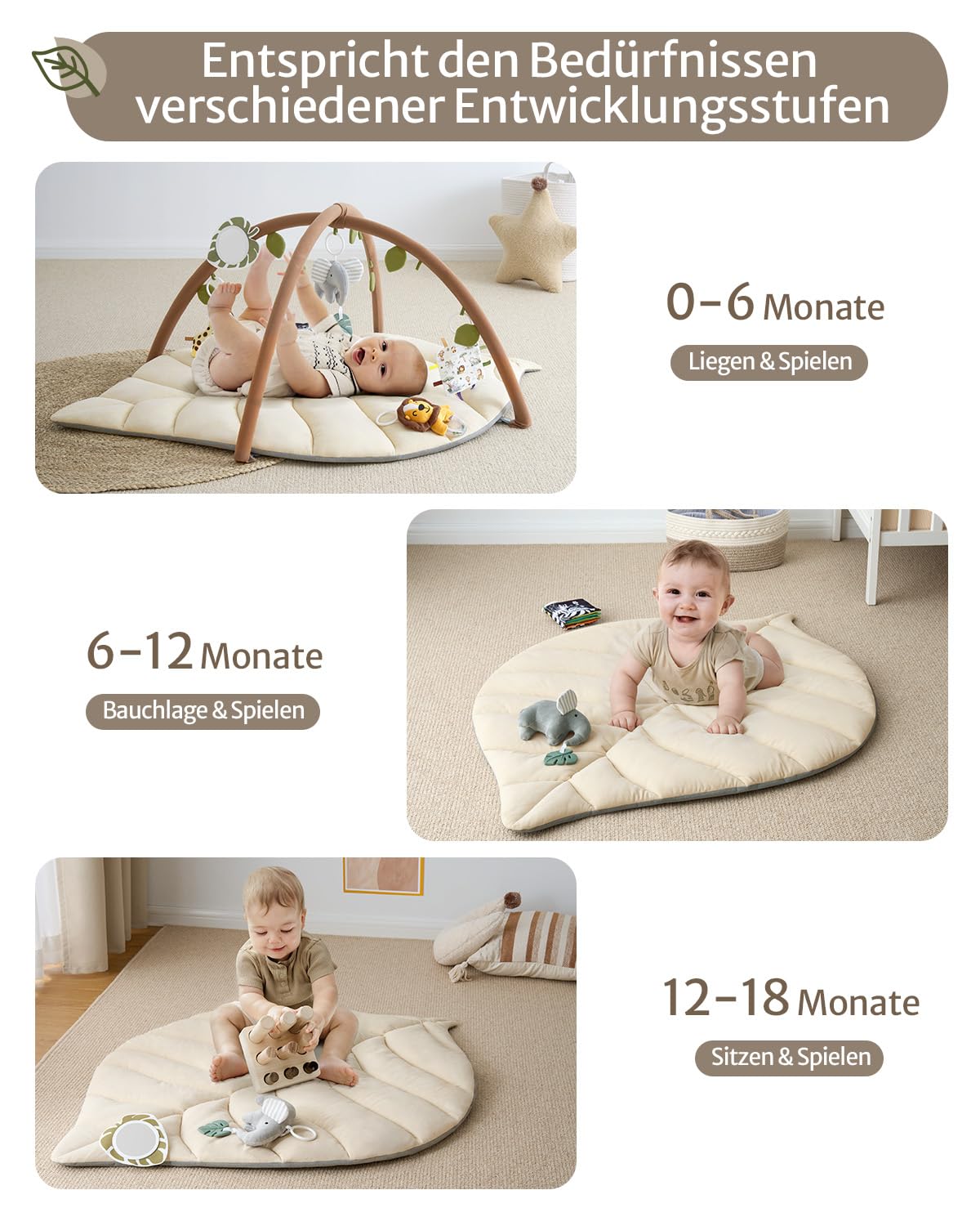 Detalle de Blissful Diary Spielbogen Baby – übergroße Blattförmige Spieldecke mit 6 abnehmbaren Spielzeugen