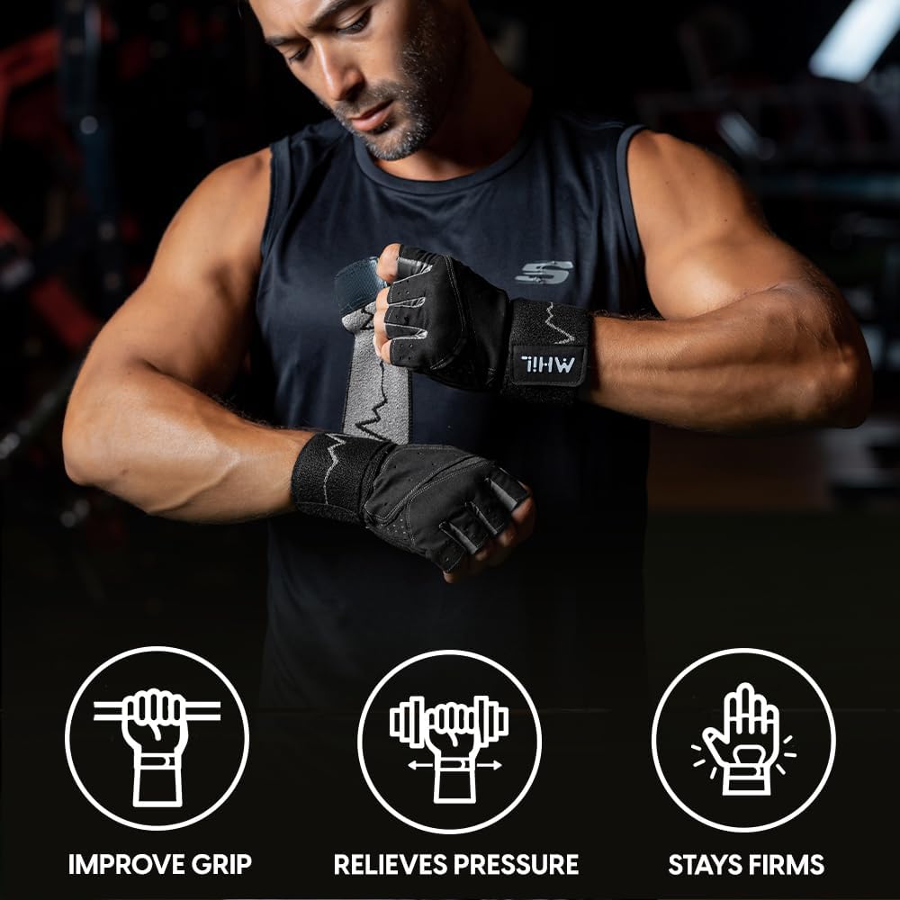 Detalle 2 de MhIL Workout Gloves for Men, Fingerless with Silicone Grip and Wrist Wraps