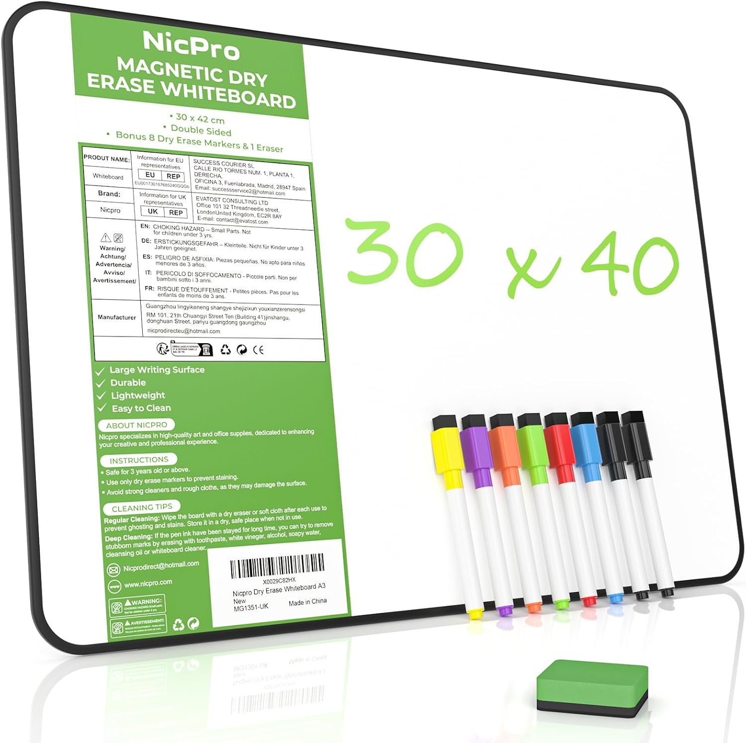 Detalle de Nicpro A3 Magnetic Dry Erase Whiteboard with 8 Markers and 1 Eraser (Double-Sided) – Black Frame