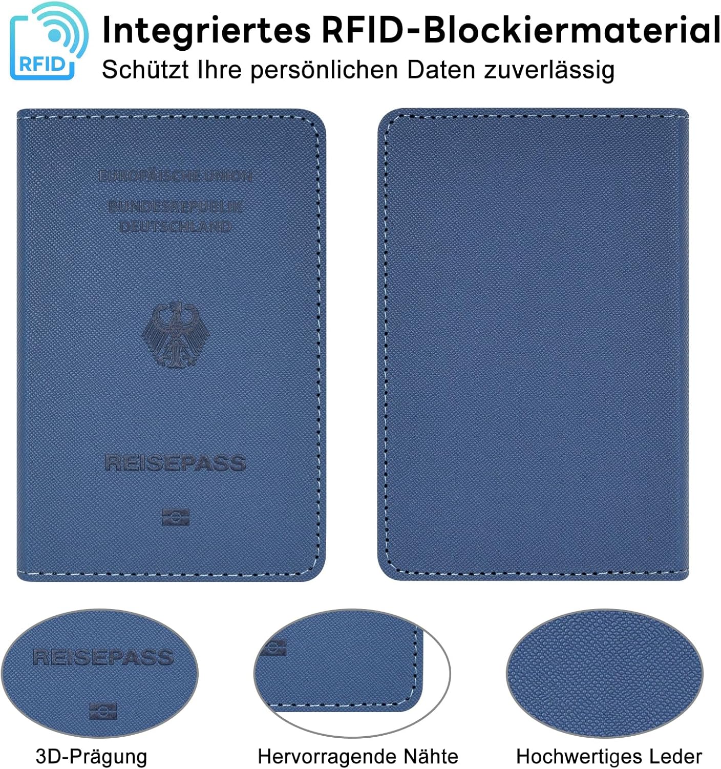 Detalle de YAVIV Reisepasshülle Premium Leder – Reise-Organizer mit RFID-Schutz, Blau