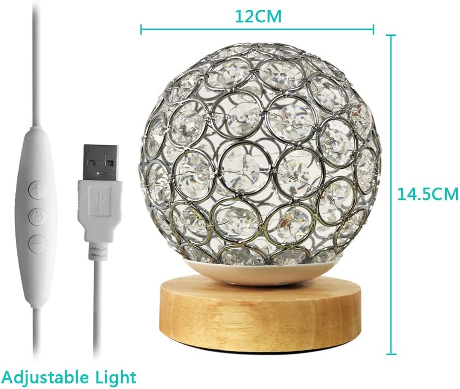 Detalle de MUCHER Crystal USB Table Lamp with Wooden Base – Silver Crystal Ball, Dimmable & USB-Charged