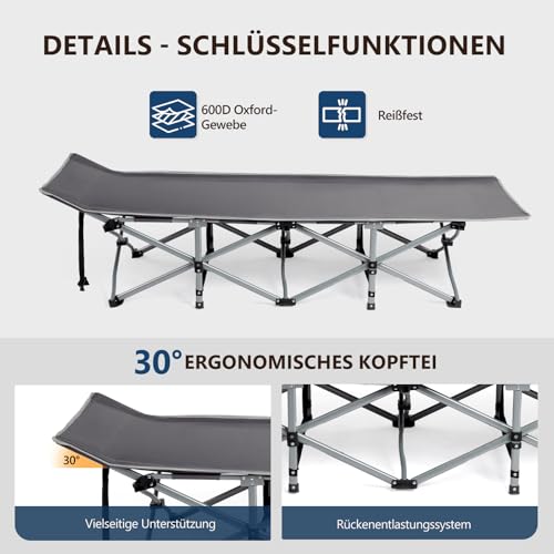 Detalle de Bonnlo Feldbett klappbar mit Matratze – XXL Campingbett aus Stahlrahmen und Oxford-Gewebe, 190 × 71 × 36 cm, Grau