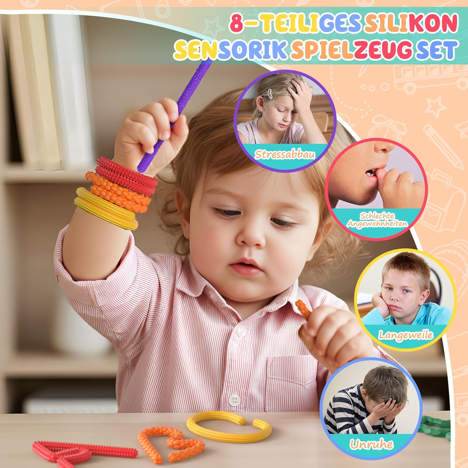 Detalle de BDwing Sensorik Stick – 8er Set Silikon-Stäbe als ruhiges Fidget Toys zur Stressreduktion