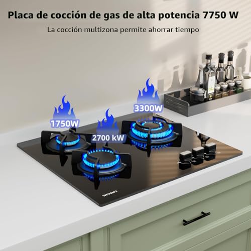 Detalle de Wehimo - Placa de cocina de gas de 3 fuegos empotrable, 60 cm, cristal negro