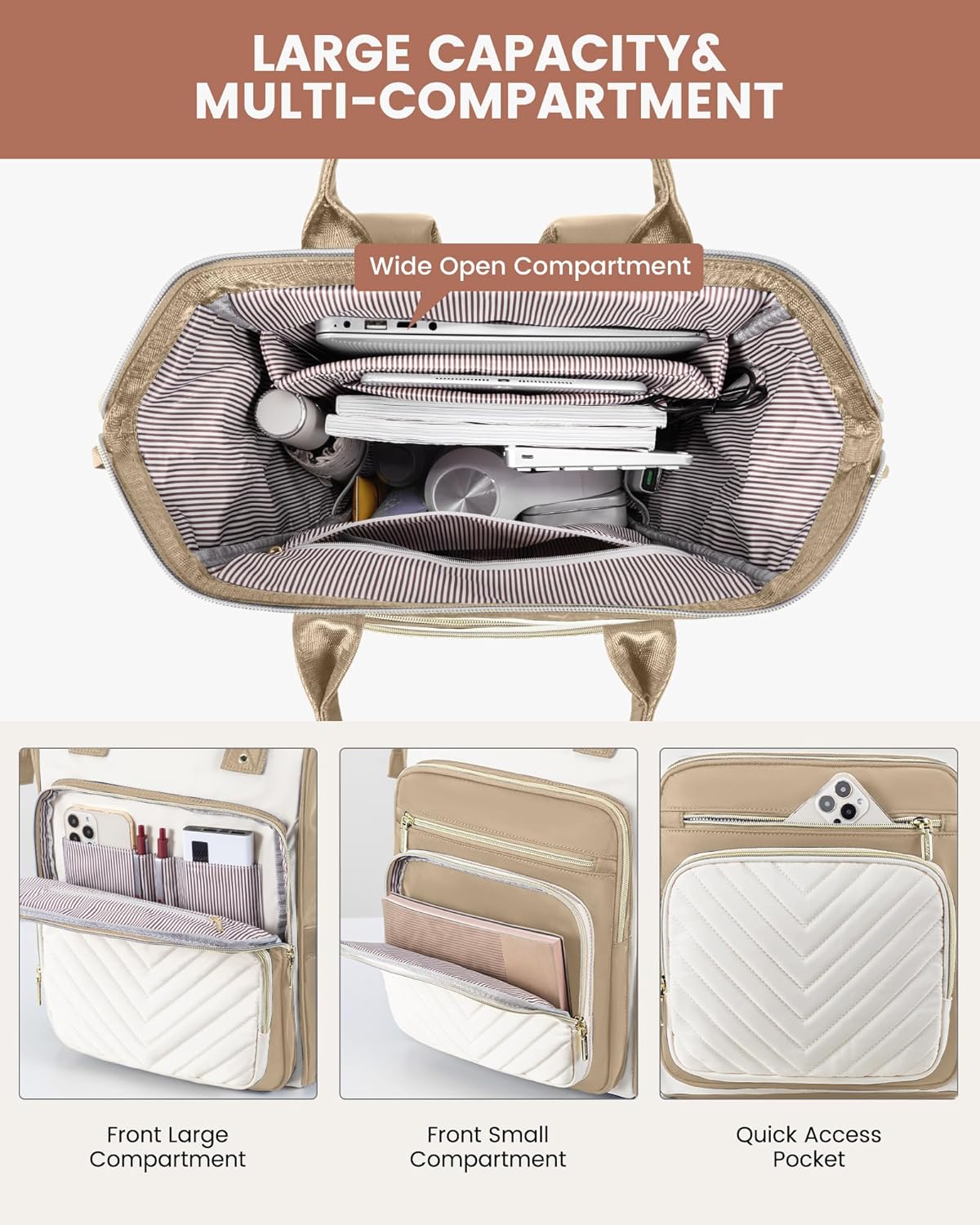 Detalle de LOVEVOOK Sac à dos portable pour femme – A-kaki et beige, 15,6 Zoll, décontracté