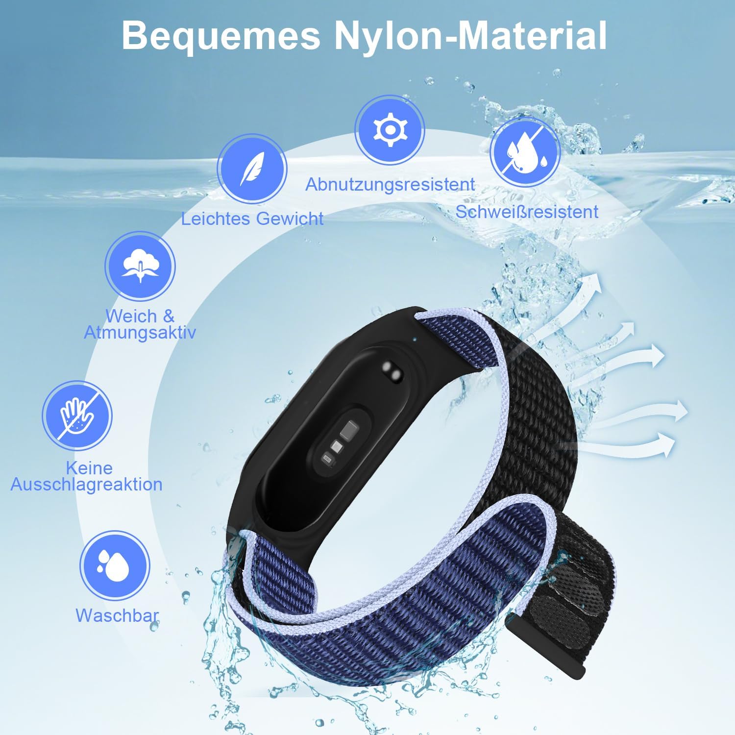 Detalle de Tiptops Nylonarmband kompatibel mit Xiaomi Mi Band 7/6/5/4/3 und Amazfit Band 5 – atmungsaktiv, verstellbar, Klettverschluss