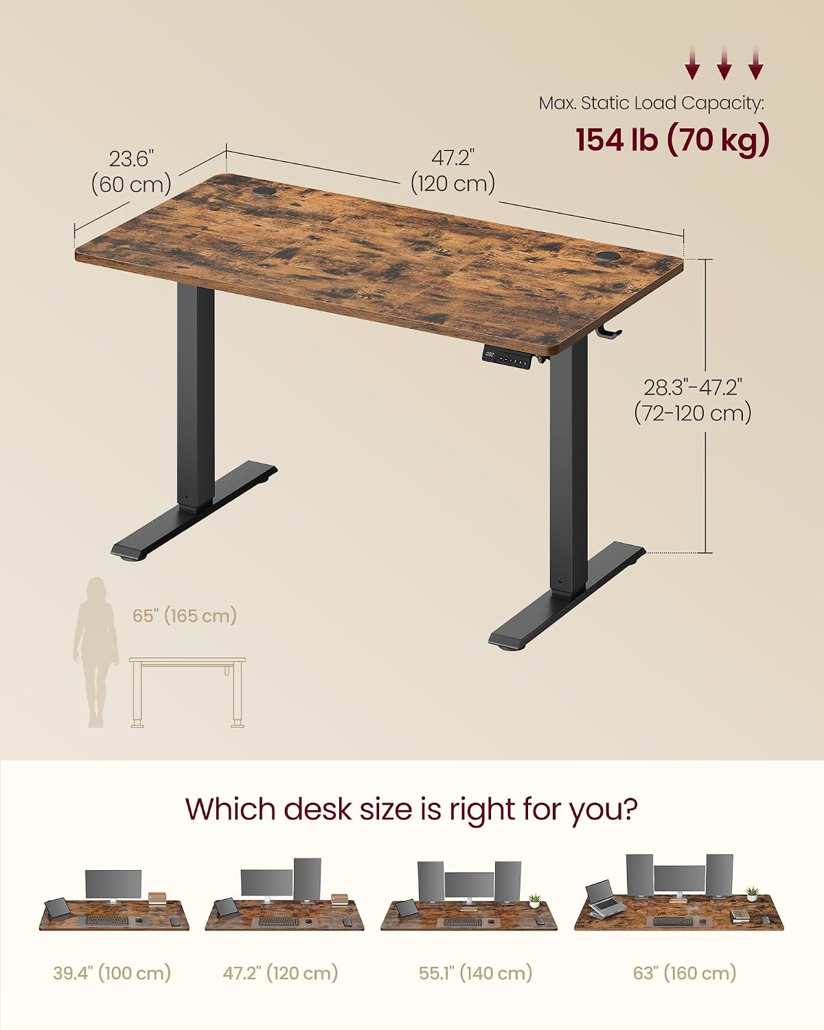 Detalle de VASAGLE ULSD312KD02S Electric Standing Desk, 120 x 60 cm, Rustic Brown