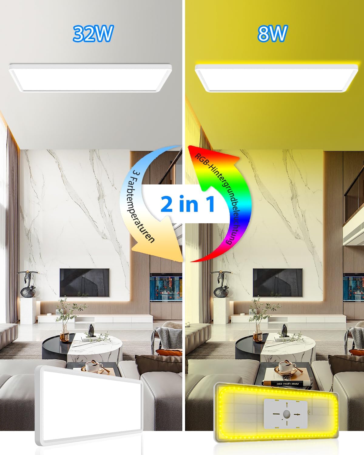 Thumbnail 1 de Peasur LED Deckenleuchte Dimmbar Flach 58x20 cm – RGB Panel mit Fernbedienung und Timer