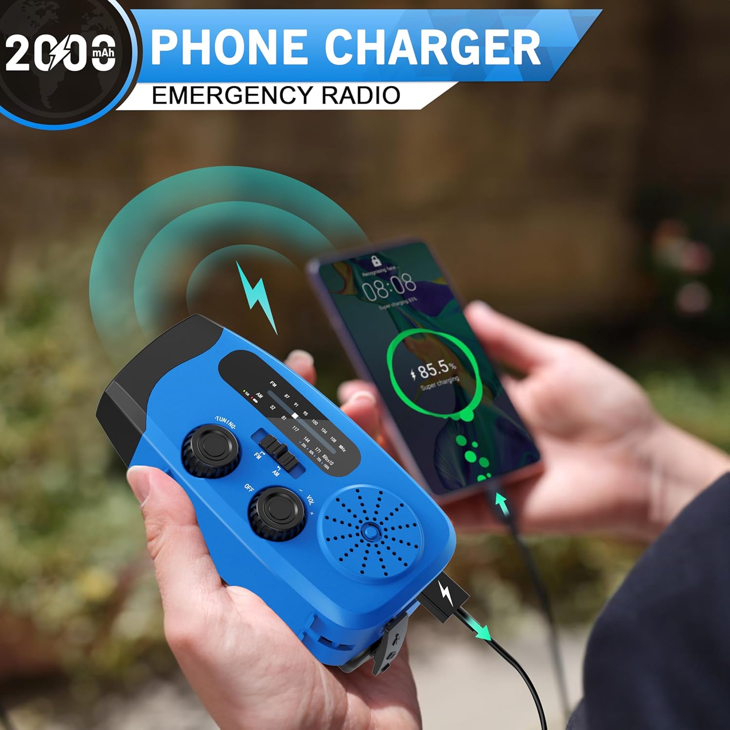 Thumbnail 2 de Wind Up Radio UK 2000mAh Hand Crank Radio with AM/FM, SOS Alarm, and LED Light (Blue)