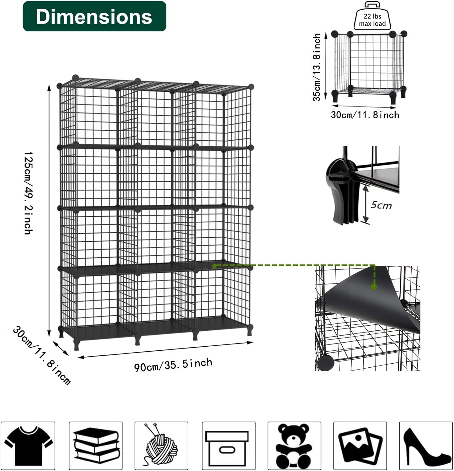 Detalle de AWTATOS USCIH12BE 12-Cube Wire Storage Shelf, Stackable Black Metal