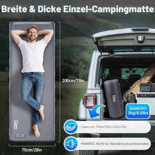 Detalle de PlanetFlame Isomatte Selbstaufblasend mit integrierter Pumpe – 200 × 70 × 8 cm, 8 cm Schaumstoff, 10 cm Kopfkissen