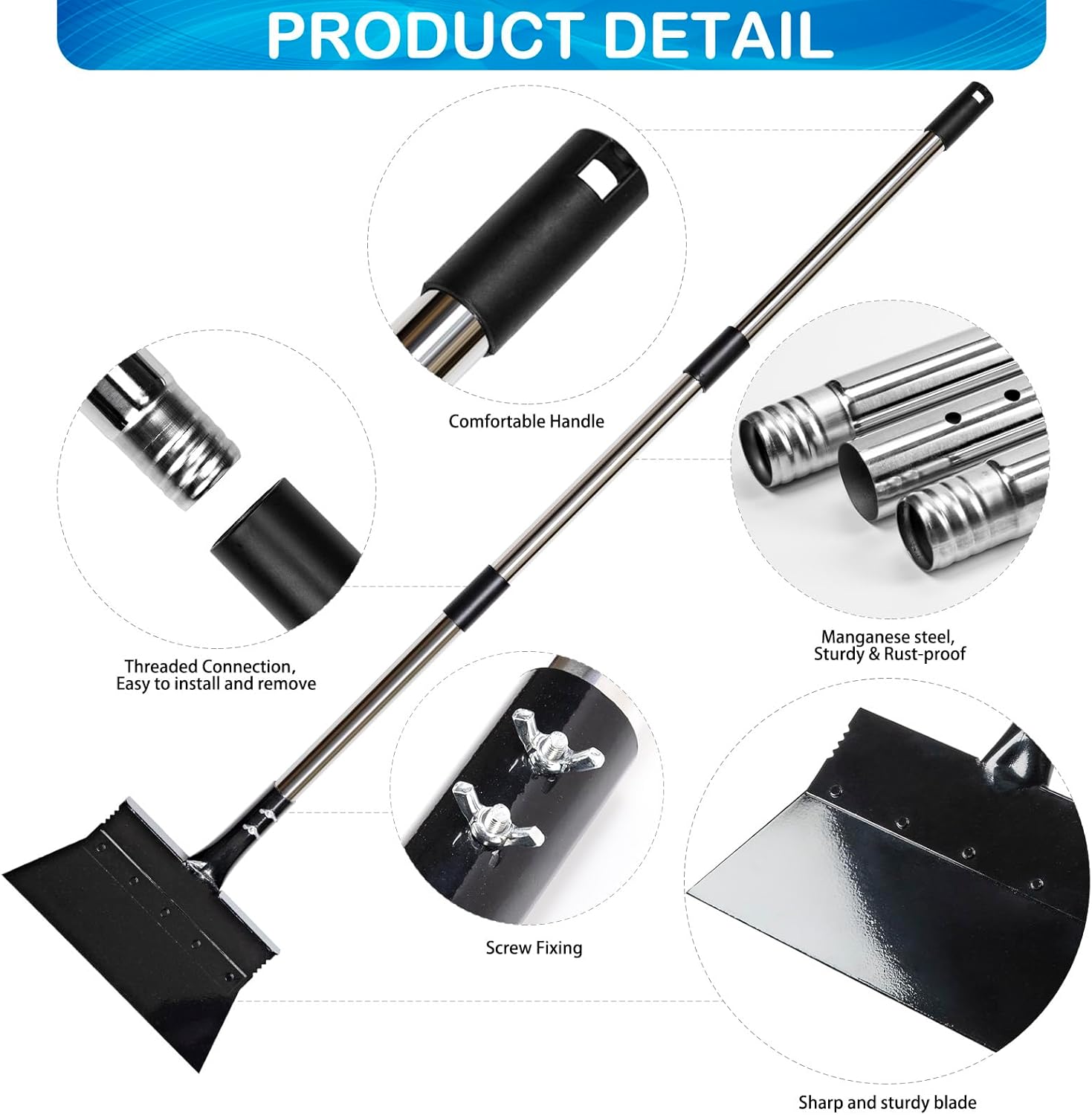 Detalle de Garden Shovel multifunctional cleaning shovel with 52 inch adjustable handle and moss scraper