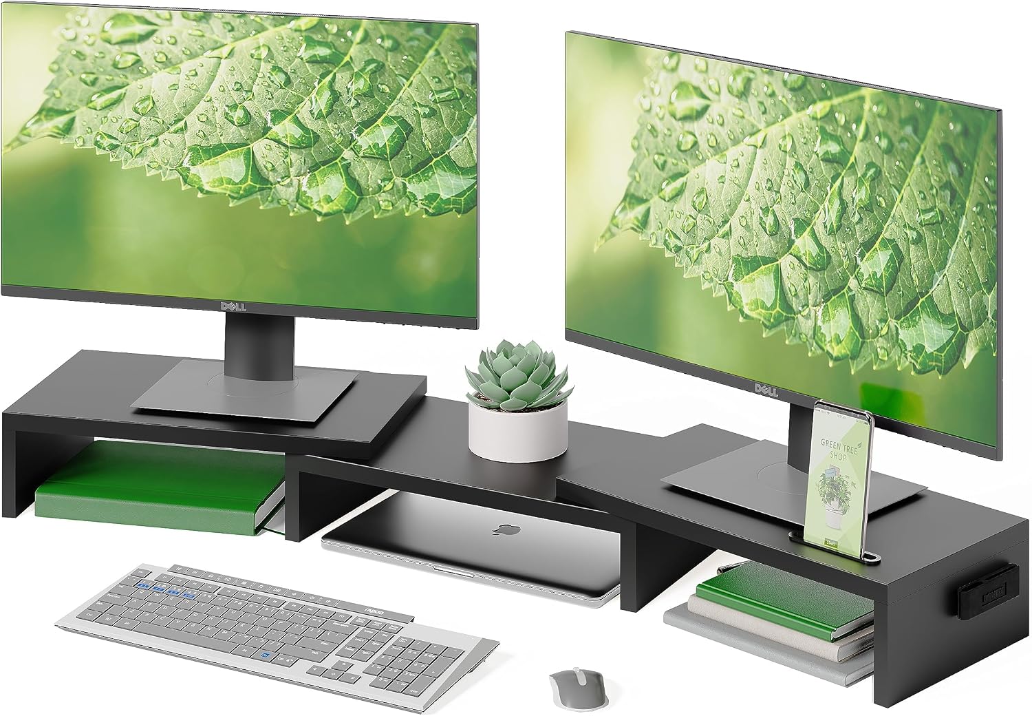 Detalle de BONTEC MTR-S3 dubbele monitorstandaard van MDF met telefoonhouder