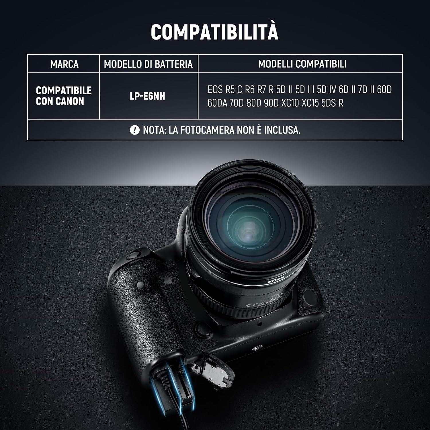 Detalle de NEEWER Batteria fittizia LP-E6NH con D-Tap e cavo per batterie V Mount, per Canon EOS R5 C, R6, R7 e serie 5D/6D/7D
