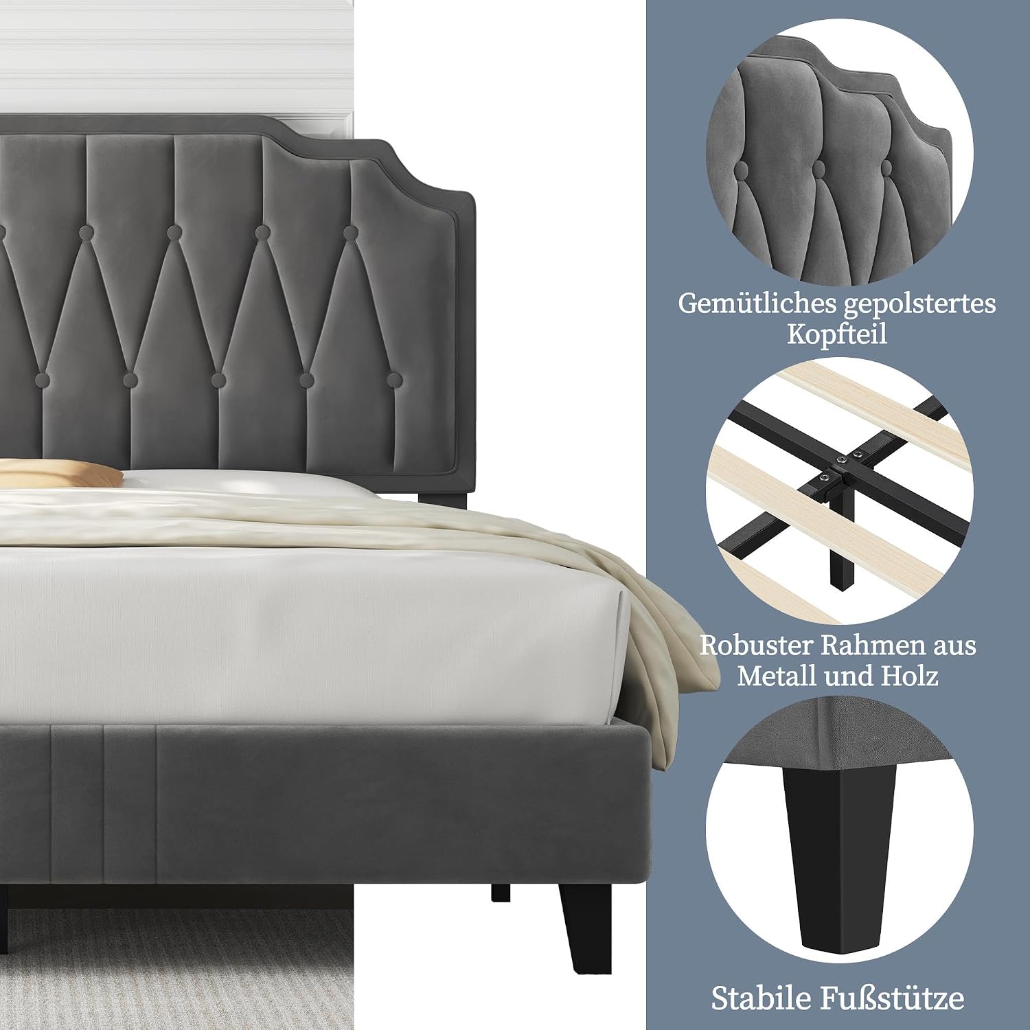 Thumbnail 6 de Yaheetech 615716 Dark Gray(140*200cm) gestoffeerd tweepersoonsbed met lattenbodem